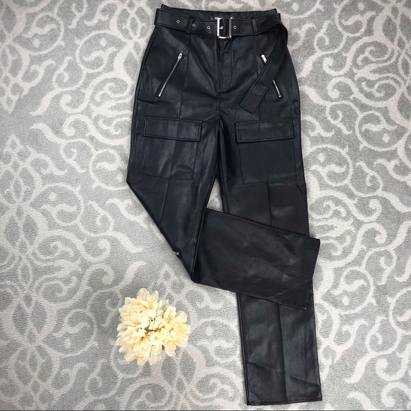 Missguided Chic Vegan Leather Belted High-Rise Straight Leg Pants Size 6 - Picture 8 of 10